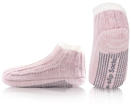 WOTENCE Damen Hausschuhe Socken ABS Sohle Nicht Gleiten Strick Fleece Gefütterte Warme Anti-Rutsch Winter Socken Haussocken (Rosa-Rutschfest)