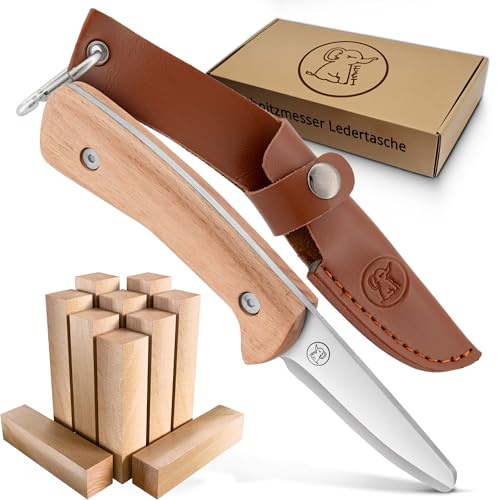 Eli® Schnitzmesser für Kinder mit Schnitzholz und Ledertasche ab 8 Jahre | inkl. schnittfeste Handschuhe - hochwertiges Kindermesser Schnitzset - Kinderschnitzmesser - Schnitzwerkzeug - Outdoor Messer