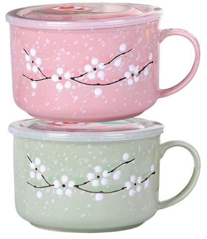 SMELEYOU 2 st soppskålar med handtag 800 ml/28 oz tätning värmebeständig mikrovågsugn soppmugg med lock blommig vintersöt keramisk resemugg idealisk för ramen, nudelgröt