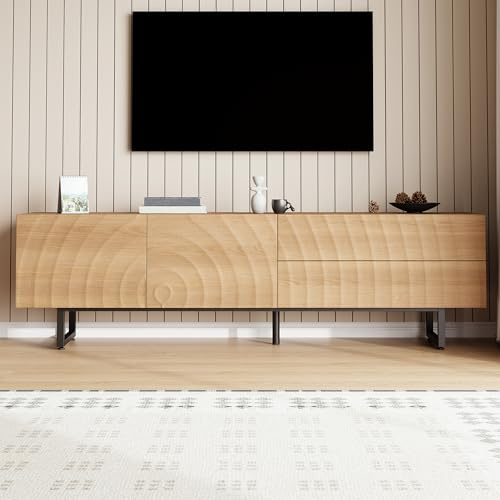 Merax TV-Schrank 180 cm,Lowboard mit 3D-Holzstruktur, TV-Ständer Wohnzimmer, griffloses Design, Schrank & Schubladen, 180 L x38 B x 51,5 H(cm) - Holzfarbe