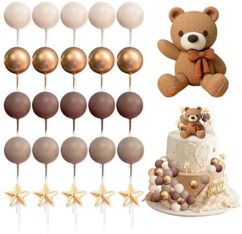 HMCEY 26 PCS Decoration de Gateau Ours,Teddy Bear Cake Topper Ourson Gateau,Deco Gateaux Anniversaire avec Boules,Garniture pour Tarte Babyshower,Decoration Cupcake pour Garçons, Filles - Brun Foncé
