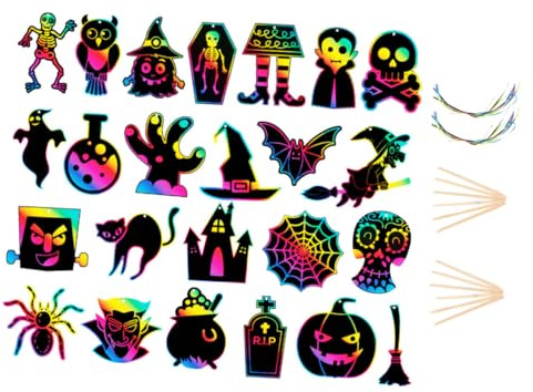 TOGEVAL 60 Stück Halloween Kratzpapier für 24 Kratzkarten 12 Bambus Stiften und 24 Bunten Bändern Kinderfreundlich Hautverträglich Selbstgemacht Partydeko für Halloween