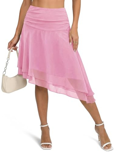 Wenrine Gonna da donna in tulle midi, asimmetrica, a rete, lunga fino al ginocchio, a pieghe, con ruches, plissettata, a vita alta, gonna mini, Colore: rosa., S