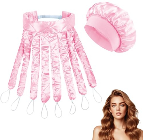 Rizadores sin calor para cabello largo, diadema de uso nocturno con varillas para peinar ondas en cabello corto y largo (rosa - incluye gorro de dormir)