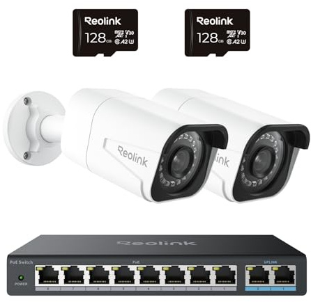 Reolink 4K Smarte PoE Überwachungskamera Aussen mit Personen-/Fahrzeug-/Tiererkennung, 8MP IP Kamera mit IR Nachtsicht, Wasserfest, Zeitraffer, 2X RLC-810A mit 2x128GB microSD Karten und PoE Switch