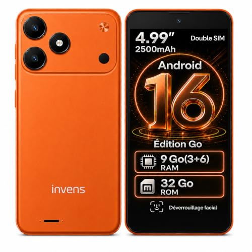 invens TK02 Téléphone Portable 4G Débloqué, Android 16, RAM 9 Go, Orange | Stockage 32 Go extensible par microSD jusqu’à 256 Go, double SIM et écran compact de 4,99 pouces facile à prendre en main.