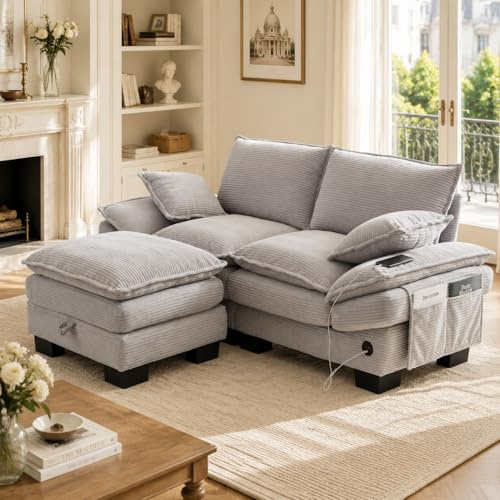 ECLIVON Sofa 2 Sitzer mit USB, Sofas & Couches mit Rückenlehne und Hocker Stauraum, Modern Polstersofa Polstercouch mit Armlehnen und 2 Kissen, Couch für Wohnzimmer Schlafzimmer, Cord (Hellgrau)