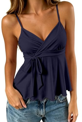 Top estivo da donna Y2K, babydoll anni '2000 con pois, top con bretelle, con parte anteriore annodata leggera e ariosa, top incrociato, camicia tipo babydoll, set da spiaggia
