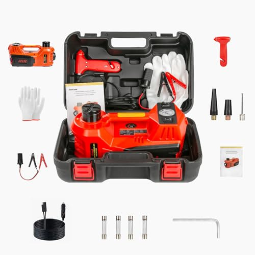 Gato hidráulico 4 en 1 para coche con capacidad de 5 t y rango de elevación de 150-450 mm, kit de gato eléctrico de 12 V con caja de herramientas, bomba de neumáticos y LED, para todos los turismos