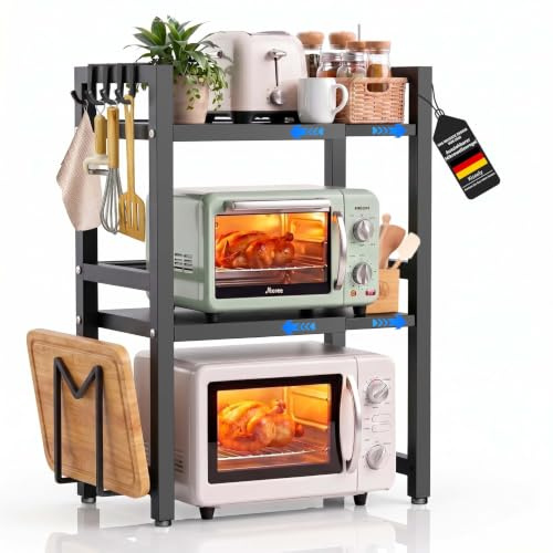 Erweiterbares Mikrowellen Regal 3 Stufig, Bäckerregale mit Haken, Kitchen Organizer Shelf für Küchenaufbewahrung, 3-stufiges Gewürzregal, Küchenregal Stehend für Backofen (Schwarz VP3, 3-Stufig)