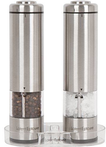 Salz und Pfeffermühle 2er Set | Batteriebetrieben | LED Licht | Einstellbare Feinheit | inkl. GRATIS Ständer - von Latent Epicure