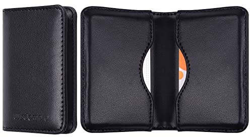 wisdompro Porte-Cartes de Visite Double Face en Cuir PU avec Fermeture magnétique pour Homme et Femme Ultra Fin, Cuir de Vache Noir, Minimaliste