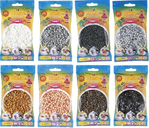 Midi Bügelperlen Konvulut 8 Farben (01 Weiß,12 Braun,18 Schwarz,21 Hellbraun,17 Grau,70 Hellgrau,27 Beige,71 Dunkelgrau)