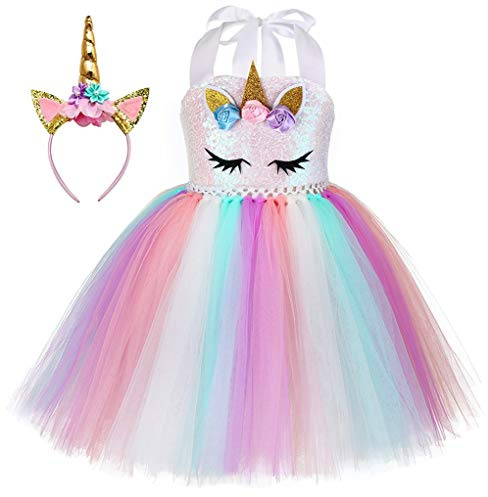 MYRISAM Costume di Carnevale Abito Tutu Unicorno Arcobaleno per Bambina Principessa Vestito da Festa di Compleanno Natale Halloween Cosplay Cerimonia Festa Abito con Cerchietto 6-7 anni