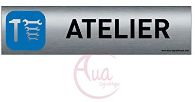 AUA SIGNALETIQUE - Plaque de porte Aluminium brossé imprimé AluSign - 200x50 mm - Double Face adhésif au dos - Impression UV directement sur l'aluminium (Pas de contre collage) (Atelier)