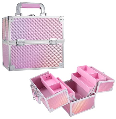 Frenessa Makeup Box Organiser Cosmetics Case Jewellery Organiser Box Vanity Case Pink Make Up Storage Beauty Case Lockable with Keys
