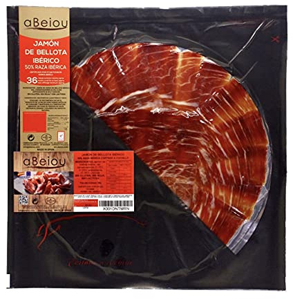 Jambon Ibérique nourri au gland de Bellota Coupé à la Main 100 g (1 assiette) — Affinage +36 Mois — Certifié Hycer — Jamón Ibérico de Bellota — Guijuelo Espagne — aBeiou