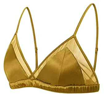 SilRiver Women's Satin Triangle Bralette Tops Silk Wirefree Bra mesh Cami Bra with Removable Pads (M, Gilded Beige)