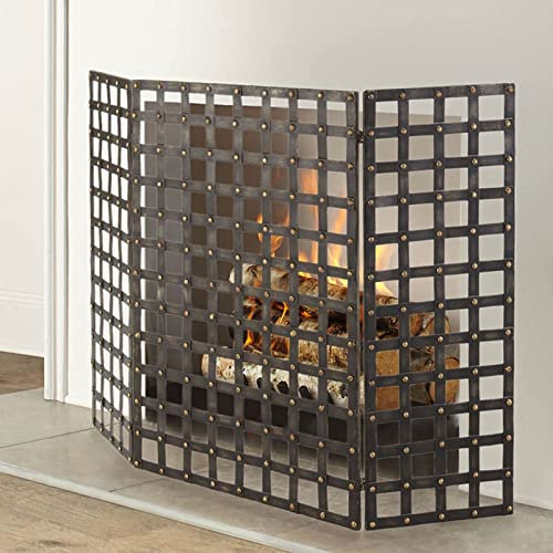 FLBT Pare-feu en Maille d'acier Fireplce 122 cm x 85 cm, Grille Pare-étincelles Pliante pour décoration de Salon, Trois Panneaux, Finition usée Rustique Needed