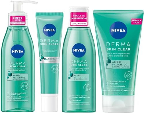 NIVEA Special Pack Derma Skin Clear Anti Imperfezioni, Gel detergente viso 150ml + Peeling notte 40ml + Scrub viso e corpo 150ml + Tonico astringente 200ml