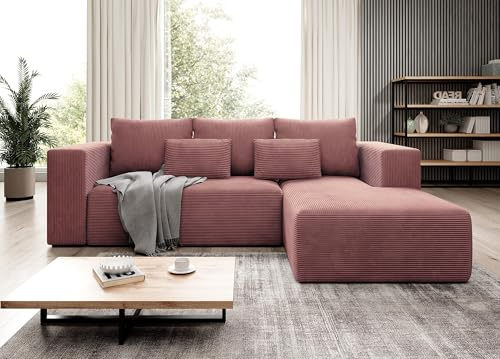 Moderno Ecksofa mit Schlaffunktion und Bettkasten Stripes - Sofa mit 3 Sitzer und Robuste überzug - Schlafcouch L-Form - Modern Couch Cord - 255x73x161 cm - Rechts Schmutziges Rosa