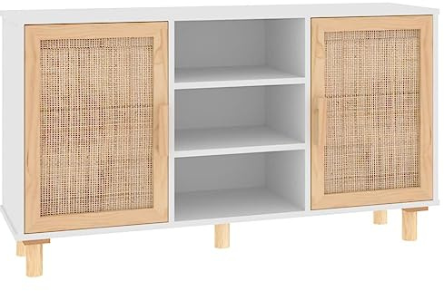 Makastle Sideboard mit 5 Fächern & 2 Türen, Beistellschrank Küchenschrank Aufbewahrungsschrank für Wohnzimmer Schlafzimmer Flur Esszimmer, Weiß 105x30x60 cm Massivholz Kiefer und Natur-Rattan