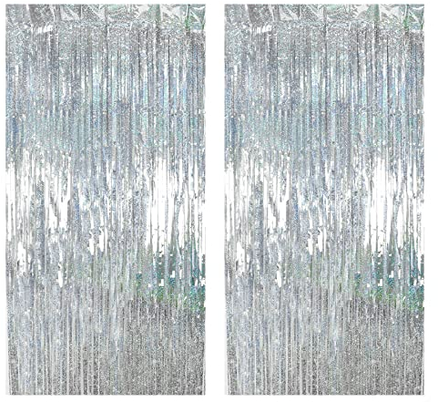 Drucilla Lametta Vorhang, 2 Stück Glitzer Folien Fransen Lametta Vorhänge, Glitzer Tinsel Curtain für Party, Geburtstag, Hochzeit, Happy Birthday Deko, 1m x 2m, Silber