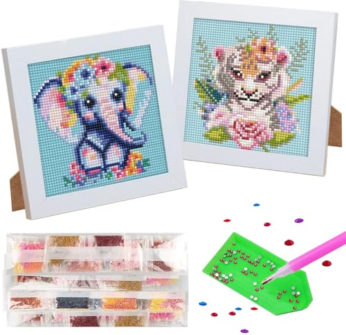 UNIQUORS Diamond Painting Kinder Set, 2 Stück Diamant Painting Bilder Tiere Elefant Tiger, 5D DIY Diamond Painting Erwachsene Bunt Blumen, Diamant Malerei mit Rahmen für Home Wand Decor, 18x18cm