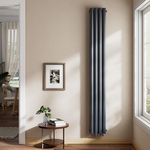 EMKE Ovaler Design Heizkörper 1800x240mm, Schmal Hoch Röhrenheizkörper mit Mittelanschluss Doppellagig Heizung Anthrazit 868W