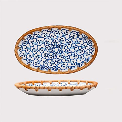 MeGLoB Plate Divided Dinner Tray, Small Ceramic Dessert Plate, Set of 2 Rattan Weave Snack Plate, for Biscuit Afterternoon Tea 8inch-a (Size : B)
