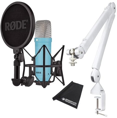 Rode NT1 Signature Blue Studio-Mikrofon Blau mit PSA1+ W Plus Gelenkarm-Stativ Weiss + keepdrum Mikrofasertuch
