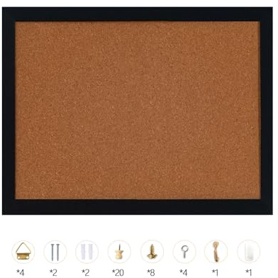 Pinnwand aus Kork, 40 x 30 cm, Pinnwand mit Holzrahmen, Pinnwand für Schlafzimmer, Pinnwand mit Pinnnadeln (schwarz und braun)