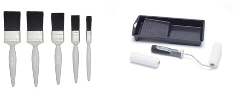 Essen 5PK Gloss Paint Brush Set & 103022202 Ultimate Woodwork Mini Gloss Roller Set with Tray and Frame, 4