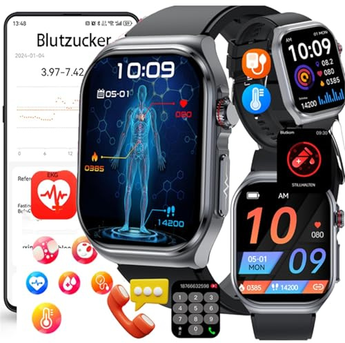 Fohatu Neu 𝐁𝐥𝐮𝐭𝐳𝐮𝐜𝐤𝐞𝐫 Smartwatch Herren 𝐃𝐢𝐚𝐛𝐞𝐭𝐞𝐬 ECG Smartwatch Mit Telefonfunktion,ECG Bludruck 𝐛𝐥𝐮𝐭𝐟𝐞𝐭𝐭𝐞 Harnsäure Fitness Tracker mit Bluetooth Anrufen, Schwarz