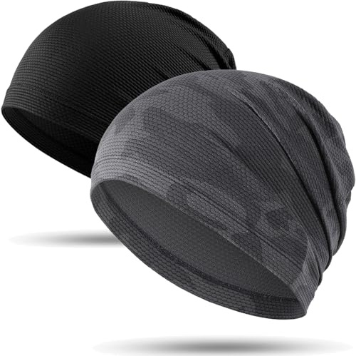 WTACTFUL Cooling Skull Cap for Men Breathable Sweat Hat Running Caps Skull Caps Thin Slouchy Beanie for Cycling Motorcycle Football Helmet Hard Hat Liner Summer Sport 2 Pack Black Camouflage Gray