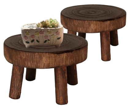 Oriental riverkit Wood Plant Stand 2Pcs, Mini Wooden Stool Display Stand, Boho Bonsai Holder, Decorative Wooden Flower Pot Holder for Garden, Living Room, Balcony or Office, Dark Brown (Small)