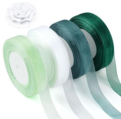4 Rollen Organzaband, Geschenkband Grün, Schleifenband Breit, Dekoband Geschenkband Breit Stoffband Transparentes Organza Bänder Hochzeitsdekoration für Geschenk, Basteln,Schleifen（4 Rollen*45m*2cm)