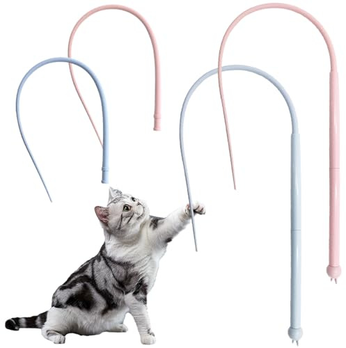LXBCTOP Katzenangel Silikon, 2 Stück Twiggle Tail Katzenspielzeug, 80cm Lang Katzenspielzeug mit 2 Ersatzkopf, Interaktives Mausschwanzförmiges Zauberstabspielzeug für Indoor Katzenspielübungen