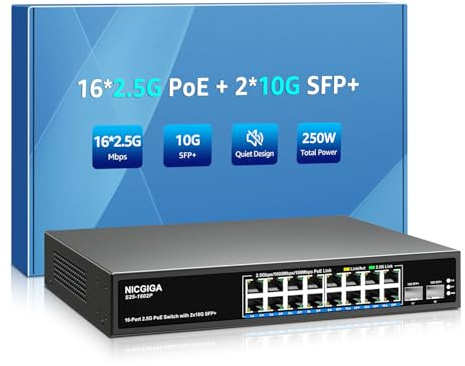 16 Port 2.5G PoE(250W) + 2 Port 10G SFP+ Ethernet Switch, NICGIGA 18 Port 2.5G PoE Netzwerk-Switch unverwaltet, Plug & Play, Desktop- oder 19-Zoll-Rack-Montage, lüfterloses Metalldesign.