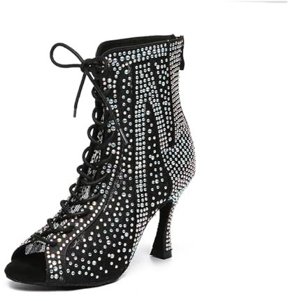 Uonpie Mesh Stiefel Strass für Frauen Latein Ballroom Dance Schuhe High Heel Stiefel,Schwarz,39EU