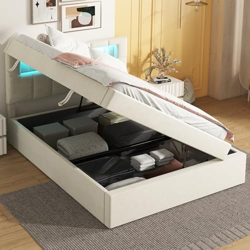 Gegtuon Kinderbett Bett 90x200 cm für Kinder mit LED-Licht, Polsterbett Einzelbett mit Hydraulisch Stauraum Underbett und Kopfteil, Stauraumbett Bettgestell mit Lattenrost, ohne Matratze, Samt (Beige)