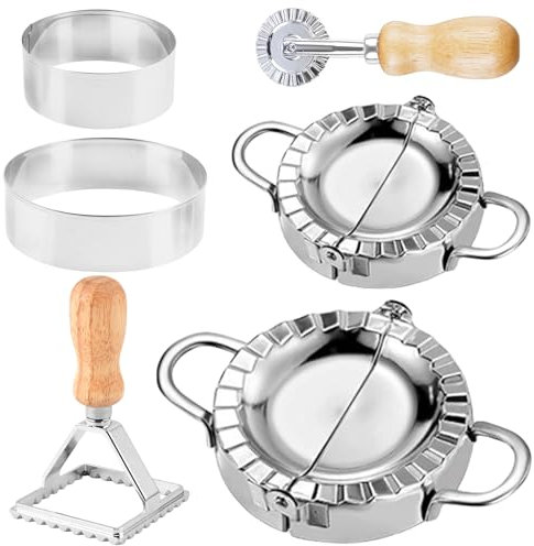 GOMETY 6 Stück Ravioli Dumpling Former Set, Edelstahl Teigtaschenformer mit Ravioli Ausstecher und Teigrädchen, Knödelmaschine mit Holzgriff für Dumpling Ravioli machen