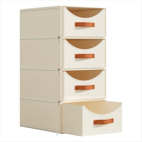 4 Pack Foldable Wardrobe Storage Organiser - Large Stackable Storage Boxes, Closet Organiser Bins, Fabric Drawers With Reinforced Handle For Bedroom, Living Room, Office, Cabinet, Beige | Closet Organiser Bins, Fabric Drawers With Reinforced Handle For Bedroom, Living Room, Office, Cabinet, Nursery, Beige
