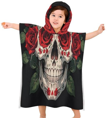 JKLPOMN Kinder-Handtuch, Kapuzen-Badetuch für Kleinkinder, rote Rose, Skelettdruck, saugfähige Baumwolldecke, Badetuch, Strandtuch, saugfähiges Badetuch, Umhang, geeignet für Jungen und Mädchen