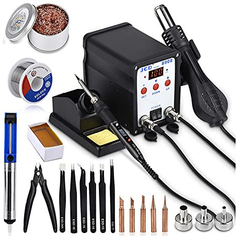 Station de soudage, JCD 2 Dans 1 station de soudage SMD BGA Retravailler LCD Digital 750W Station de soudure à air chaud Tools de fer à souder 8908,Pratique, précise et stable(Silver)