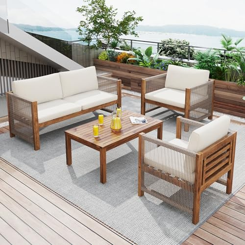 Dolamaní Gartenmöbel Set, Doppelsofa, 2 Sessel und Tisch, Loungeset mit Bequemem Kissen, Sitzgruppe, Terassenmöbel Outdoor, Tisch und Stühle, Rattenoptik, Akazie, Grau (Beige -A, für 4 Personen)
