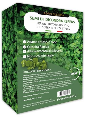 AGRI-CULTURA® | Dicondra Semi 50 m² | Prato Senza Manutenzione, Alta Resistenza alla Siccità e al Calpestio | Semi di Dichondra Repens Adatti a Zone Ombreggiate e di Sole.