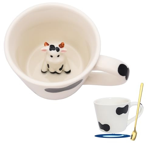 hengshukeji Niedliche Kuh-Keramiktasse mit verstecktem 3D-Tier im Inneren，Mit Löffel und Untersetzer, ideales Geburtstagsgeschenk für Kaffee- und Milchteeliebhaber, 350 ml (Milchkuh)