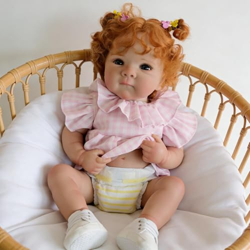 RXDOLL 18 Zoll Reborn Babypuppen Silikon Ganzkörper Mädchen Realistische Neugeborene Babys Puppen, die echt Aussehen Silikon Babypuppe mit verwurzelten roten lockigen Haaren für Mädchen ab 3 Jahren