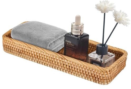 Rechteckiges Rattan Brotkorb Geflochten - Kosmetik Aufbewahrungskorb für Badezimmer, natürlich gewebte Servierplatte 27.5 x 11 x 4cm- Deko Aufbewahrungsschale für Make-up, Accessoires Deko